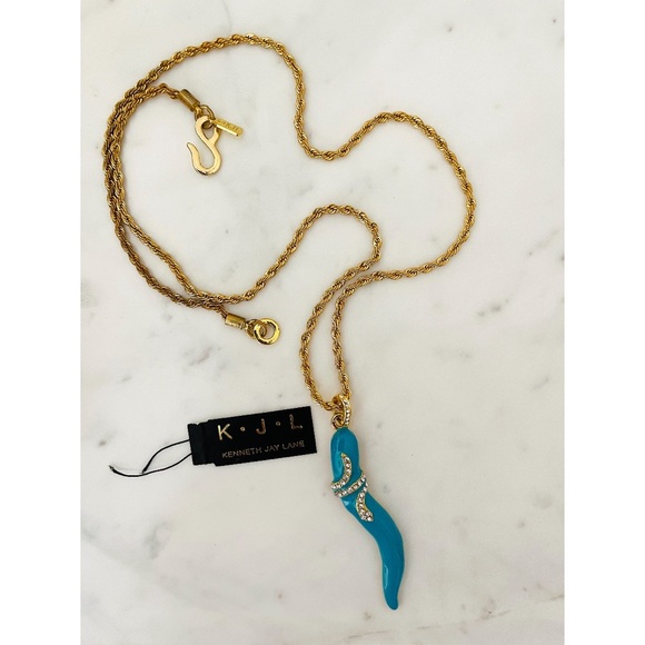 Kenneth Jay Lane Blue & Gold Snake Pendant Necklace Enamel & Golden Chain KJL - Picture 10 of 10